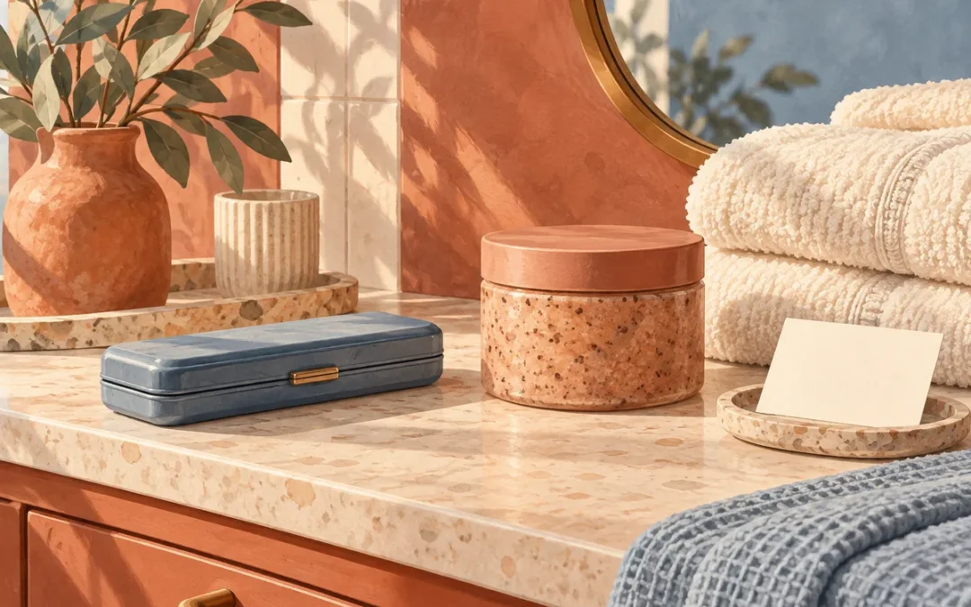 Conceptual illustration for a body scrub after shaving guide showing a closed razor case, scrub jar, folded towels and a blank appointment card