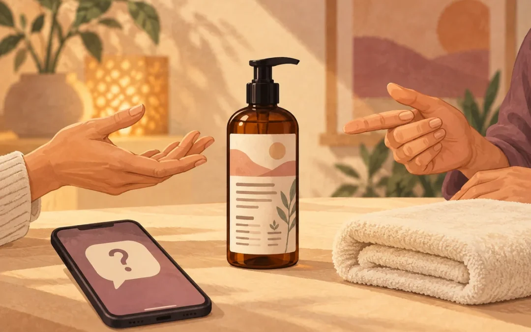 Editorial illustration of hands discussing a labelled personal oil bottle before a spa booking