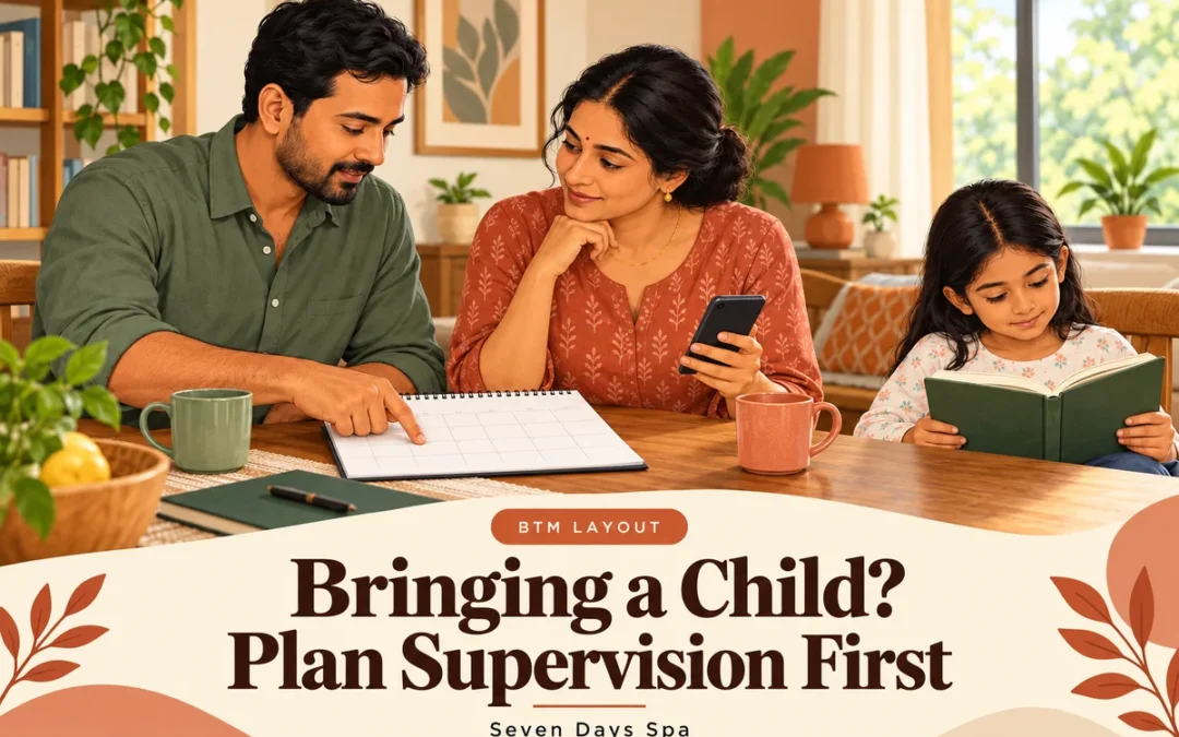Bringing a child to a spa appointment: cover showing adults planning at home while a child reads, with a supervision-first headline