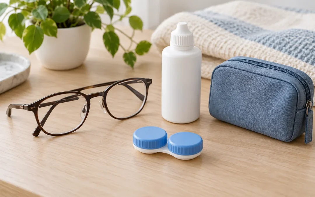 Conceptual contact lenses during massage preparation: glasses, a closed lens case and an unbranded solution bottle beside a travel pouch
