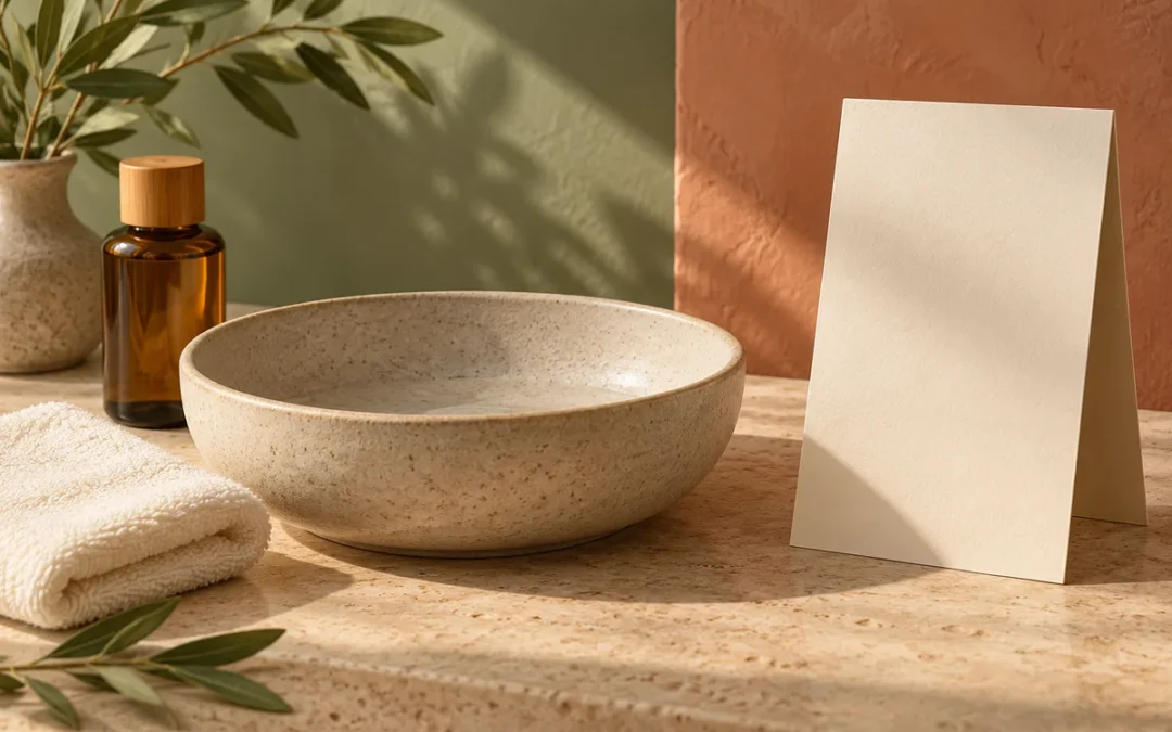 Conceptual foot ritual vs foot massage menu illustration with a blank menu card, folded towel, empty ceramic basin and unbranded bottle