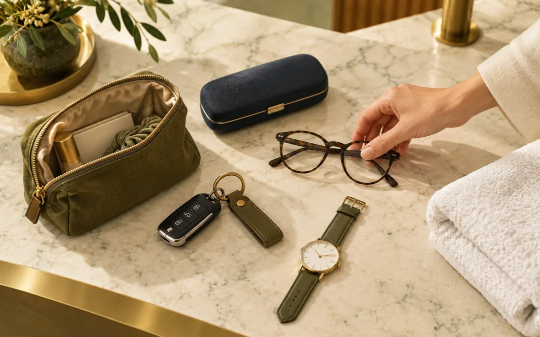 Illustration of glasses, a blue case, keys, a watch and an open pouch beside a folded spa towel.