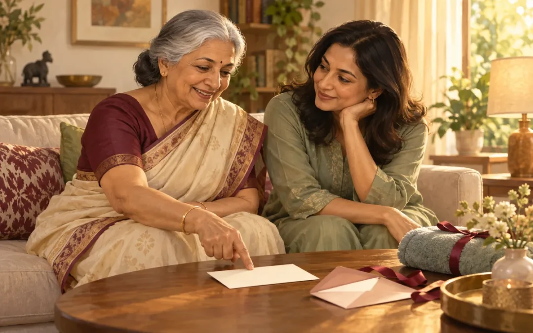 Conceptual illustration of an older parent choosing a possible spa gift while her adult daughter listens at home