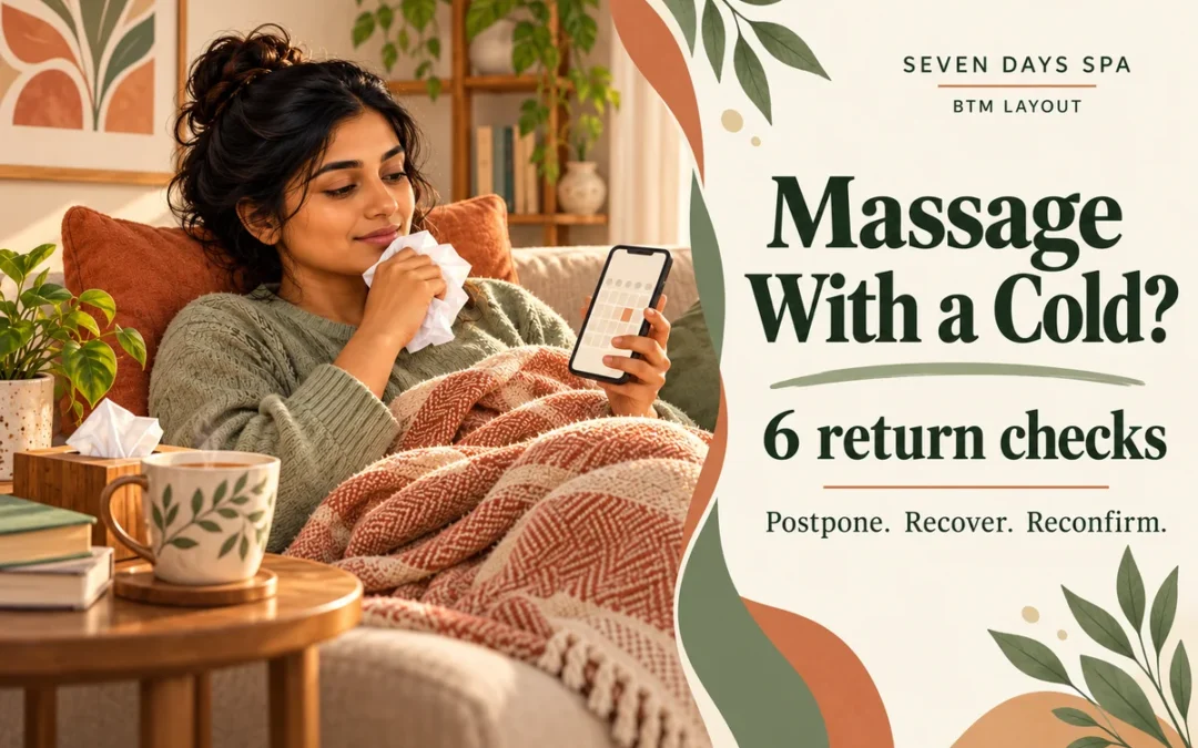 Conceptual massage with a cold cover showing a woman resting at home beside six BTM return checks