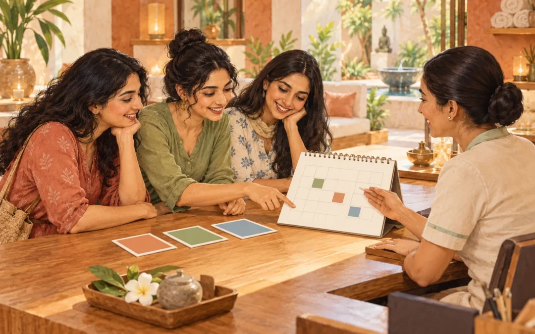 Illustration of three friends discussing separate appointment cards with a spa receptionist.