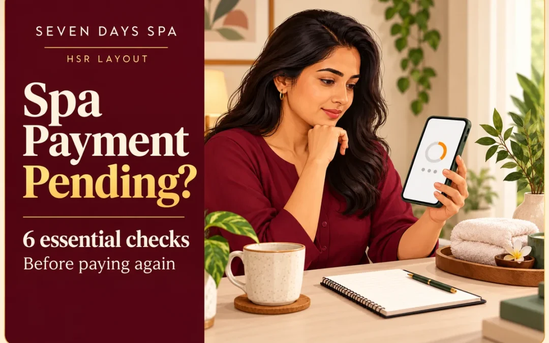 Conceptual spa payment pending cover showing a woman checking an abstract phone status beside six HSR payment checks