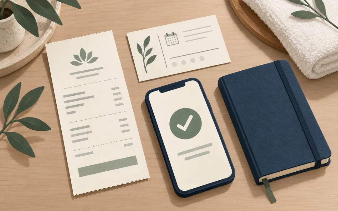 Editorial illustration of a spa receipt, appointment card, payment screen and private notebook