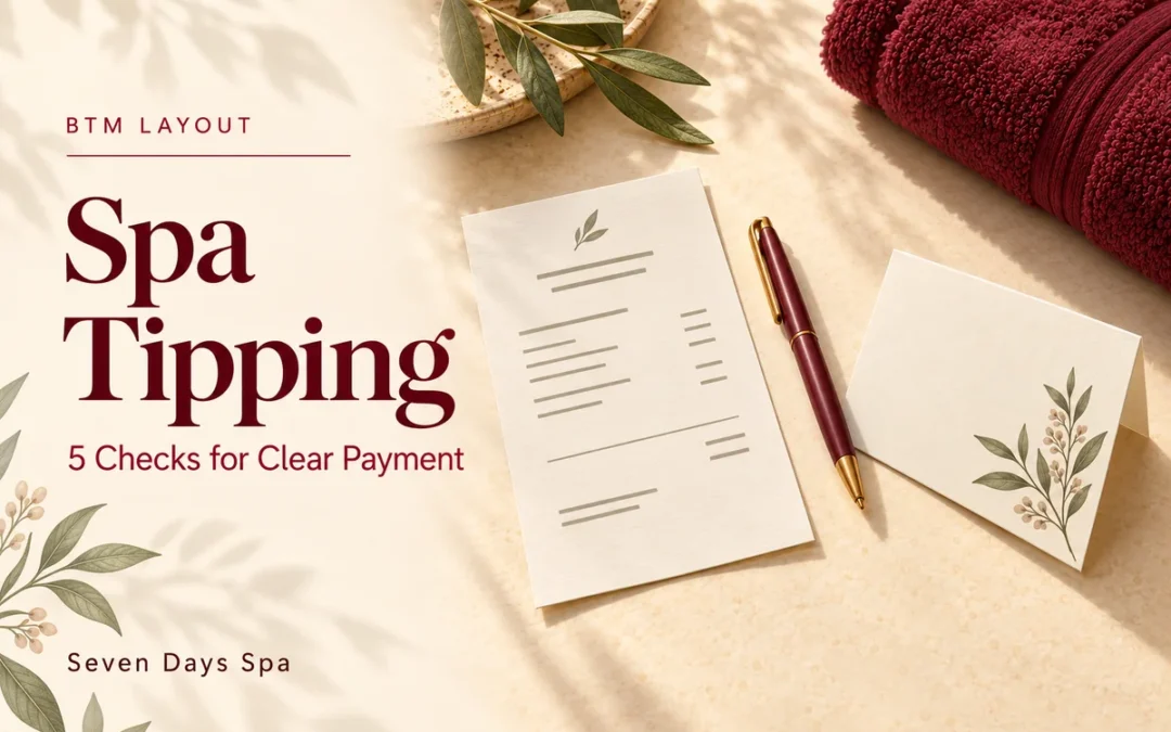 Spa tipping cover showing a service bill and a separate thank-you card beside five checks for clear payment
