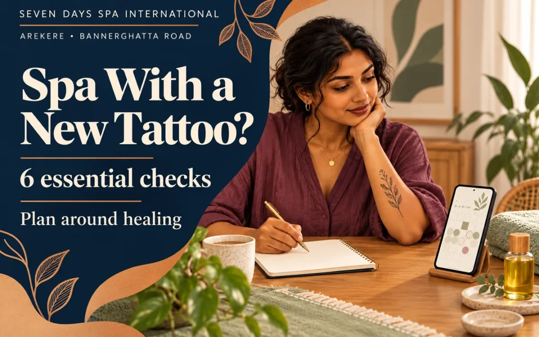 Conceptual spa with a new tattoo cover showing a woman planning at home beside six Arekere healing checks