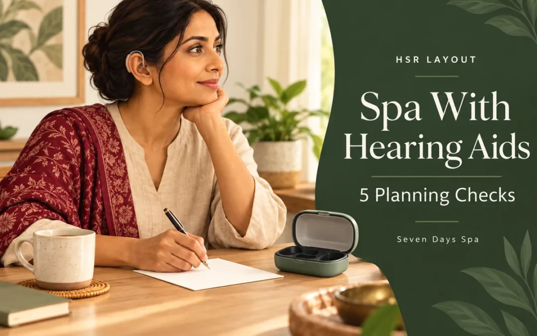 Spa with hearing aids cover showing a woman wearing a hearing aid, an empty protective case and five planning checks