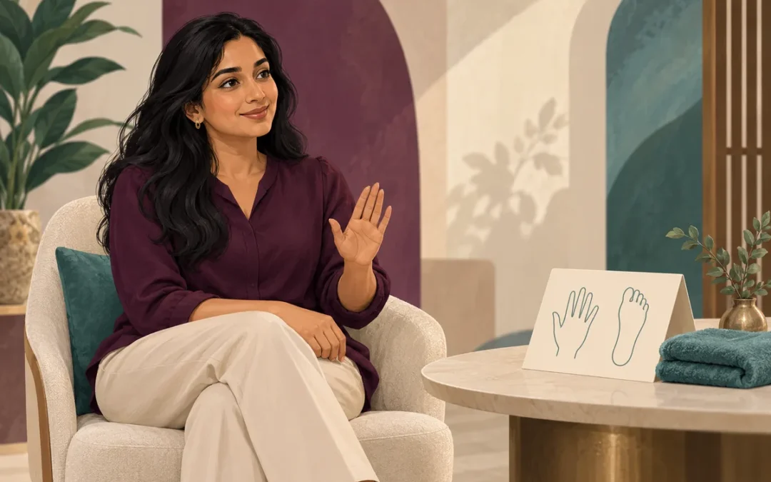 Conceptual illustration of a fully clothed guest explaining touch preferences with an agreed pause gesture beside a hand-and-foot outline
