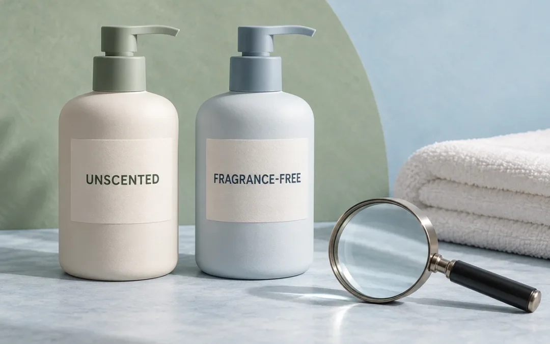 Conceptual unscented vs fragrance-free massage label comparison with two unbranded bottles, a magnifying glass and a folded towel